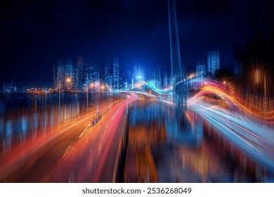 A nighttime cityscape with a highway bridge illuminated by streaks of colorful light trails. - Powered by Shutterstock