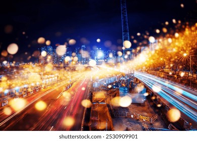 A nighttime cityscape with a highway lit by headlights and streetlights. The urban skyline is blurred in the background, with a construction crane and a fence in the foreground. - Powered by Shutterstock