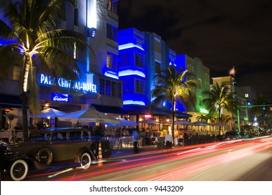 Nighttime In The Famous Art Deco District Of Ocean Drive In South Beach Miami Florida United States
