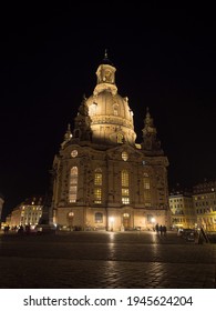 Nighttime Panorama Of Baroque Evangelical Lutheran Church Of Our Lady Frauenkirche On Neumarkt Main Square Dresden Saxony Germany Europe