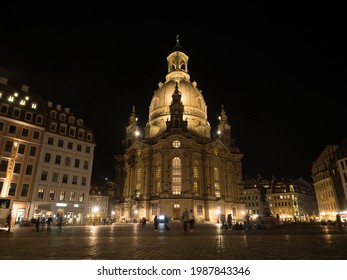 Nighttime Panorama Of Baroque Evangelical Lutheran Church Of Our Lady Frauenkirche On Neumarkt Main Square Dresden Saxony Germany Europe