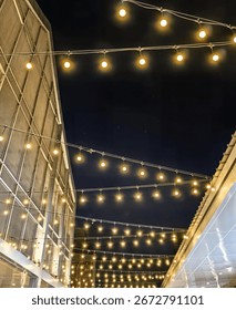 A nighttime scene captures glowing string lights strung between buildings against a dark, clear sky, creating a cozy ambiance.