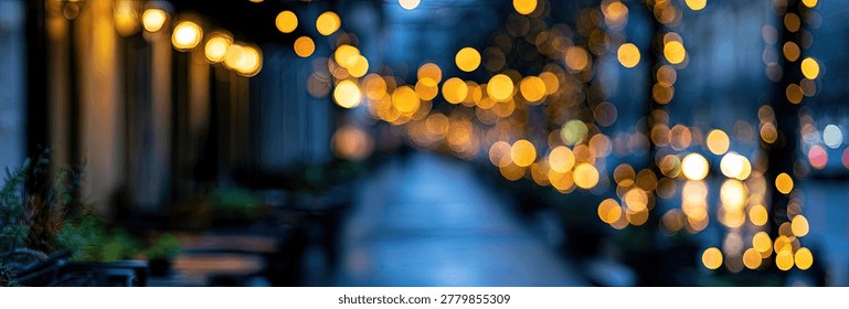 A nighttime scene with out-of-focus string lights creating a bokeh effect on a street, with warm orange and yellow hues against a dark blue background.
