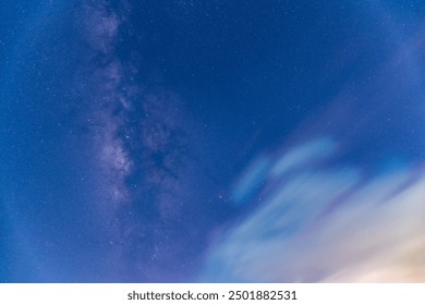 Nighttime seaside view featuring Turtle Island, with a stunning galaxy, starry sky, and occasional lightning. Romantic and dramatic night sky, Yilan County, Taiwan. - Powered by Shutterstock