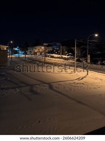 Nighttime snowfall blankets an empty street, casting long shadows under the glow of streetlights in a quiet town