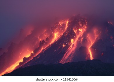 Nighttime View Of Glowing Lava Dome Of Soufriere Hills Volcano, Montserrat, Caribbean, 2006