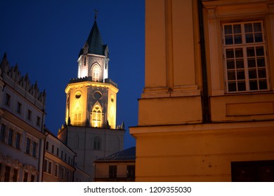 Nighttime view of Lublin, Poland, old-town streets