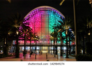 A Nighttime View Of The Main Entrance To The ARTIC Train And Bus Station In Anaheim California