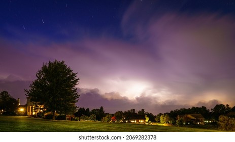 Nighttime View Of A Residential Neighborhood In Central Kentucky With Approaching Thunderstorm