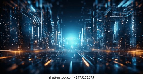 Nighttime view of a technologically advanced city with sleek, illuminated skyscrapers. Premium background for the latest technology needs.