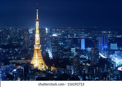 Nighttime View Of Tokyo Tower In Tokyo, Japan