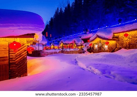 Nighttime of village in China Snow Town