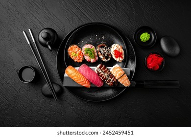 Nigiri composition on black background. The Art of Japanese Cuisine. Food photography for menu and sushi bar decoration - Powered by Shutterstock