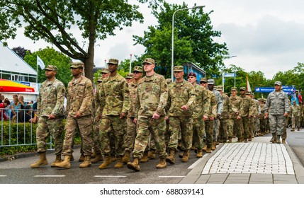 Nijmegen July 19 2017: US Military Groep Entering Nijmegen During The Flag Parade Of The 101st 4Days Walking March