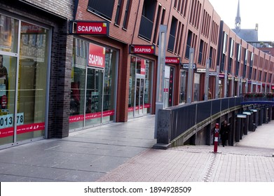 Nijmegen, Netherlands - January 14, 2021: Empty Shopping Street During A Lockdown In The Corona Pandemic