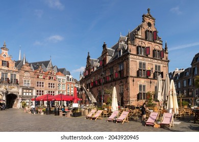 Nijmegen, The Netherlands, September 19, 2021;   Butter Weigh house built in 1612, on the Grote Markt with a view of the city gate.