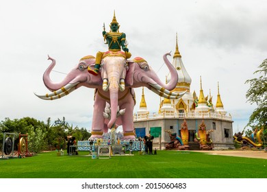 Nikhom Kham Soi, Mukdahan, Thailand - July 26, 2021: Statue of Indra. sitting on the Erawan elephant