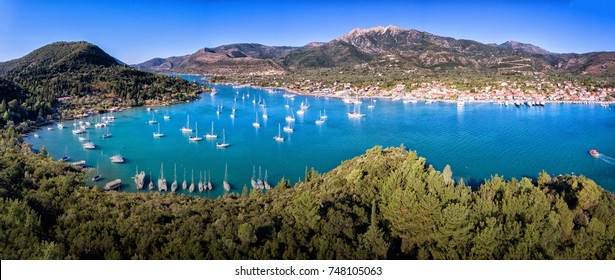 Nikiana (Nidri) Bay Panorama Lefkada Greece With Yachts And Clear Blue Water In The Summer