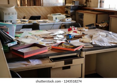 Nikko, Japan - November 2017: The Western Village, An Abandoned Amusement Park. Office Filled With Forgotten Things.