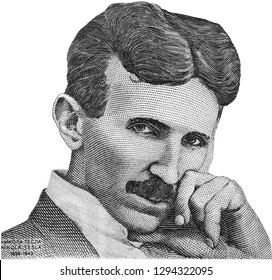 Nikola Tesla Portrait On Serbia Banknote Isolated. Genius Scientist And Inventor, Famous By The Inventions In Electricity.  Black And White.