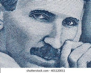 Nikola Tesla portrait on Serbia 100 dinars banknote extreme macro, Serbian money closeup
