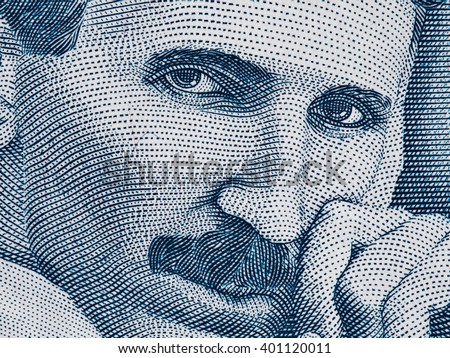 Nikola Tesla portrait on Serbia 100 dinars banknote extreme macro, Serbian money closeup