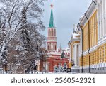 Nikolskaya Tower and Kremlin Senate in Moscow Kremlin in Moscow, Russia. Winter scene of Moscow Kremlin