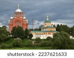 Nikolsky and Pokrovsky Cathedrals of Pokrovsky Khotkov Monastery in summer, founded in 1308, Khotkovo town, Sergiev Posad district, Moscow, Russia 