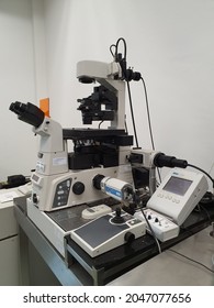 Nikon Instruments A1 Confocal Laser Microscope Series With NIS-Elements C Software. Placed on anti vibration top. Located in the microscopy laboratory with white wall. Malaysia. September 2021.