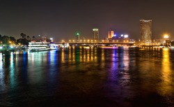 Nile Bridge At Night, The 6th October Bridge And The Nile River At Night, Egypt. Cairo