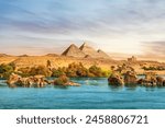 The Nile river and ancient rocks in the Aswan desert by the pyramids, Egypt