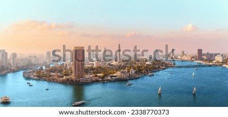 Nile River and Cairo skyline, high quality aerial panorama, Egypt