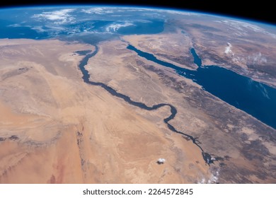 The Nile River, The Red Sea, The Gulf of Oman, The Gulf of Aqaba, and The Mediterranean Sea. Elements of this image furnished by NASA. Selective focus included - Powered by Shutterstock