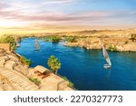 The Nile river and traditional feluccas in Aswan, Egypt, beautiful aerial view