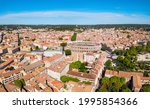 Nimes Arena aerial panoramic view. Nimes is a city in the Occitanie region of southern France