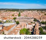 Nimes Arena aerial panoramic view. Nimes is a city in the Occitanie region of southern France