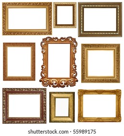 Nine Antique Picture Frames Isolated On White . High Resolution