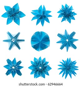 Nine blue origami units snowflake set isolated on white background