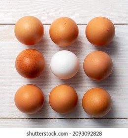Nine chicken eggs on a wooden background. One egg is white, the rest are brown.