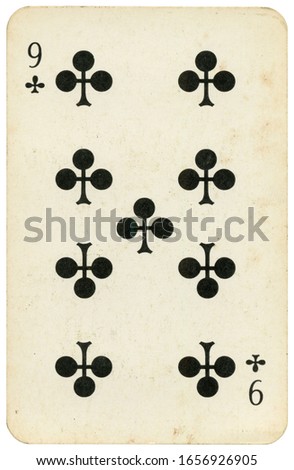 Nine of Clubs old grunge soviet style playing card isolated on white