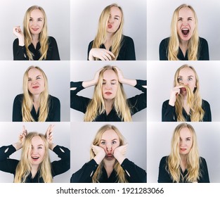 Nine frames in one shot. The blonde girl shows different emotions. From sadness to madness. Shouts, jokes, laughter, aggression, kindness, coquetry, anger, joy, fun. Multi shot. Photo set