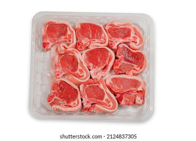 Nine Fresh Lamb Chops On A Plastic Tray. Meat Industry Product. Butcher Craft. Fresh Meat On A Bone Uncooked. White Background. Top Down View