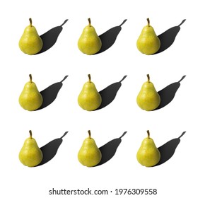 Nine Fruit Pears. Set Of Ripe Pears With A Hard Shadow Isolated On White Background.