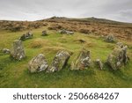 Nine Maidens Bronze Age megalithic cairn circle under Belstone Tor, Dartmoor National Park, Devon, UK