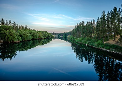 Nine Mile Reservoir On Spokane River At Sunset