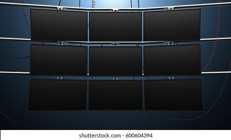 Nine Panel Video Monitor Wall. A Futuristic Nine Panel Video Wall With Blank Screens And Cords Mounted On Pipes