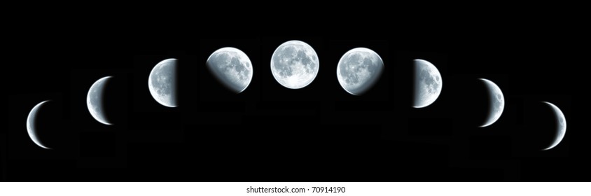Nine phases of the full growth cycle of the moon isolated on black background