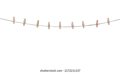 Nine wood clothes pins hanging on brown rope isolated on white background , clipping path