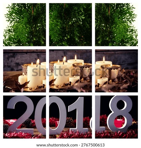 Nine-panel collage is showing flat design holiday still-life with candles, 2018 numerals, conifer. Pinecones, greenery, garland, candlelight, rustic, festive, tabletop