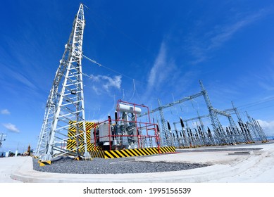 Ninh Thuan, Vietnam - July 15, 2020: Electric Power Substation With Transformers: Electricity Substation, Power Line, Power Station, Cable Under The Bluesky Background Generating Renewable Energy